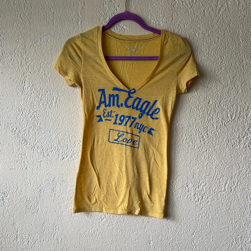 Vintage American Eagle Outfitters Yellow Tee with Blue Print - Picture 1 of 4